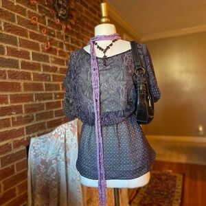 purple and black sheer paisley shirt with flowy bell sleeves size M
